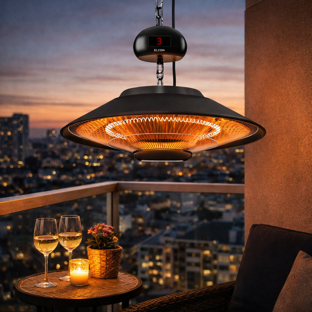 Zářič nad posezením na zahradě nebo balkóně rodinného domu, útulná atmosféra, déšť v pozadí (demonstrace IP65)