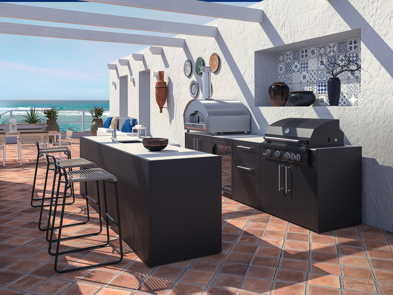 Venkovní kuchyně Fontana ELYSIA Specchio – celkový pohled na kompletní italskou lineární modulární kuchyni s pecí na pizzu a grilem