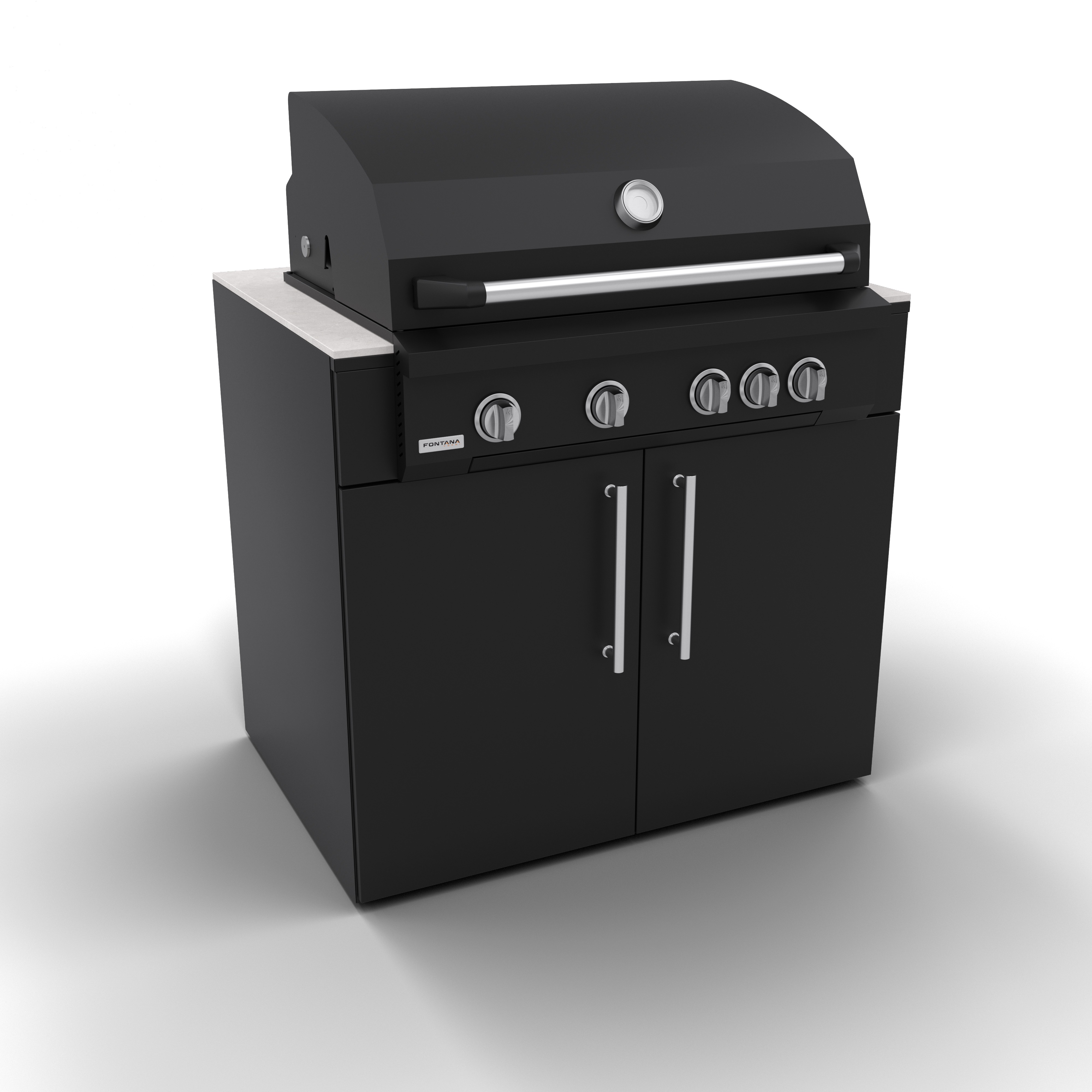 Modulární kuchyňská skříňka Fontana ELYSIA 100 BBQ LUMEN 5 – celkový pohled na italskou venkovní kuchyni s grilem na dřevěné uhlí