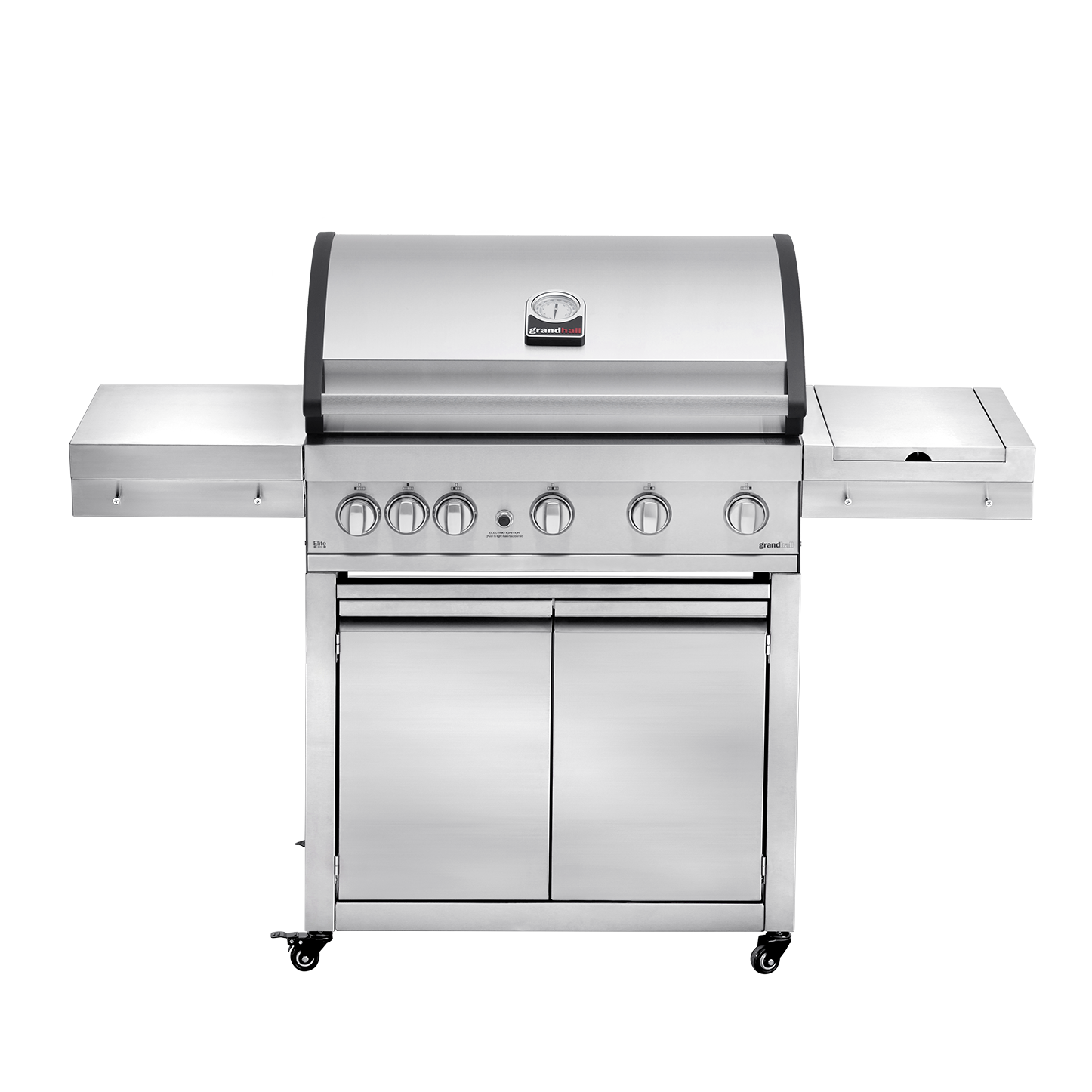 Plynový gril GrandHall ELITE G5 se zadním a bočním hořákem – celkový pohled na celonerezový gril s příplatkovou dřezovou skříňkou