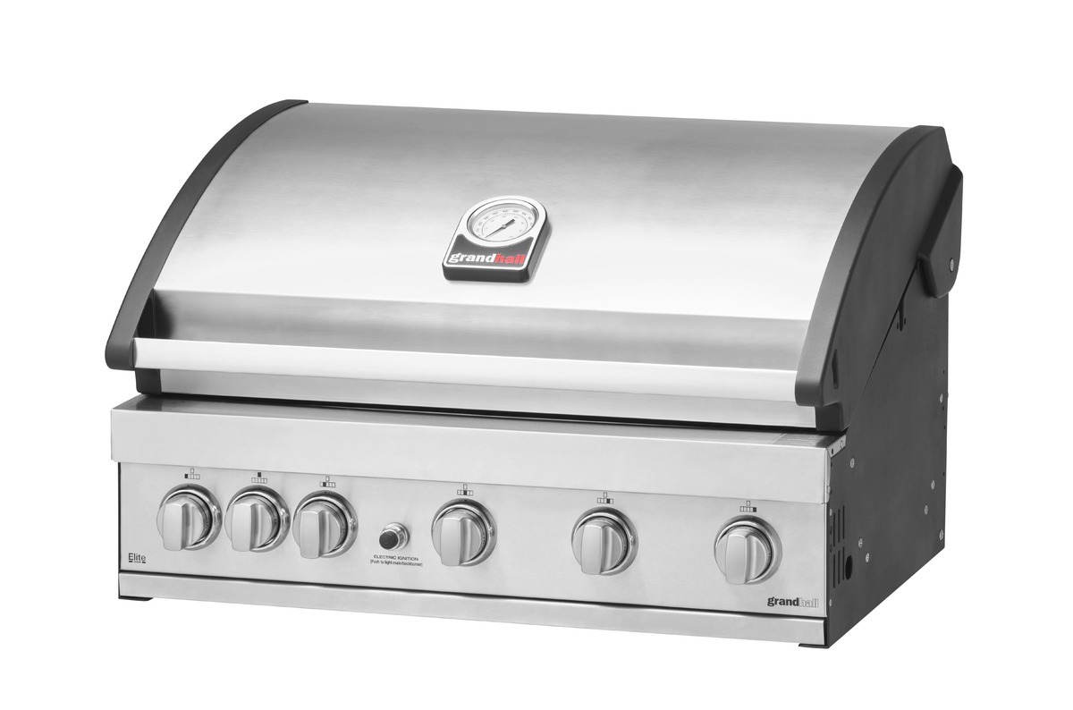 Plynový gril GrandHall ELITE G5 se zadním a bočním hořákem – celkový pohled na celonerezový gril s příplatkovou dřezovou skříňkou