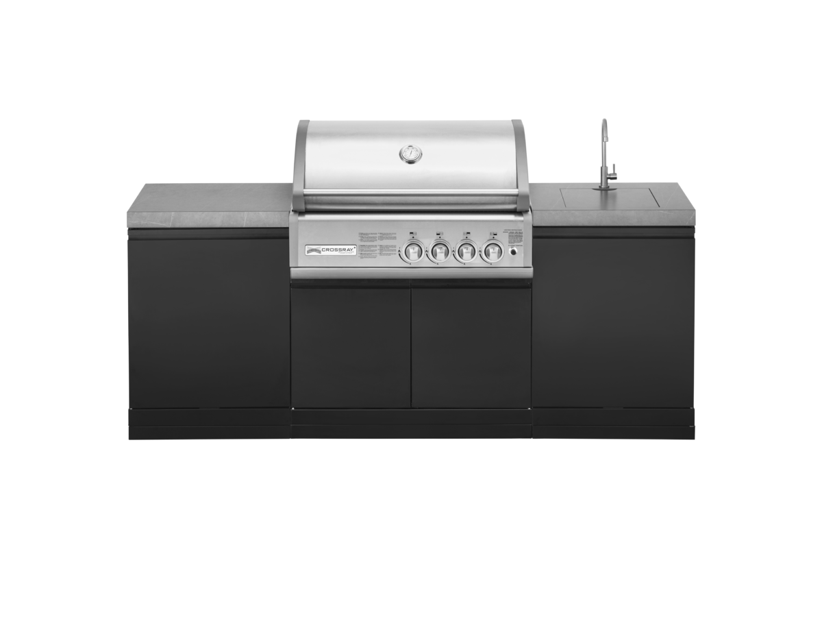 Venkovní grilovací kuchyně Grandpro CROSSRAY 215 Series – základní konfigurace se 2 skříňkami s kamennou deskou, šířka 215 cm