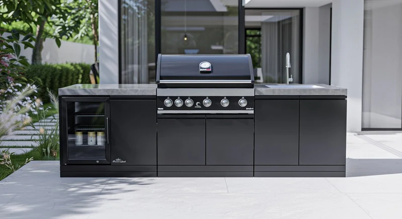 Kompletní venkovní kuchyně Grandpro v zahradním prostředí – gril, moduly, zeleň