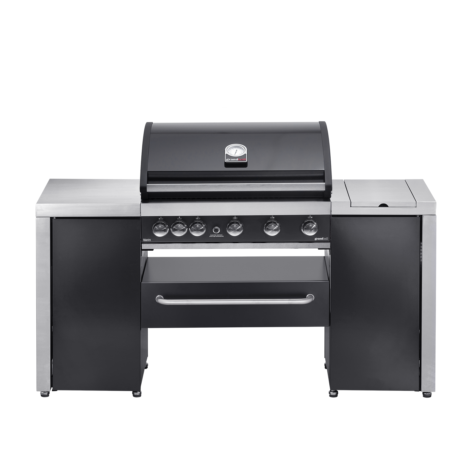 Plynový gril Grandpro MAXIM G5 ISLAND – celkový pohled na robustní a elegantní grilovací sestavu s 5 nerezovými hlavními hořáky, zadním infračerveným hořákem, bočním hořákem, celolitinovým grilovacím roštem 80×44,8 cm složeným ze 3 roštů a 1 litinové desky, teploměrem ve víku, dvěma bočními skříňkami s pracovními deskami a policí mezi skříňkami, celkový výkon 26,3 kW