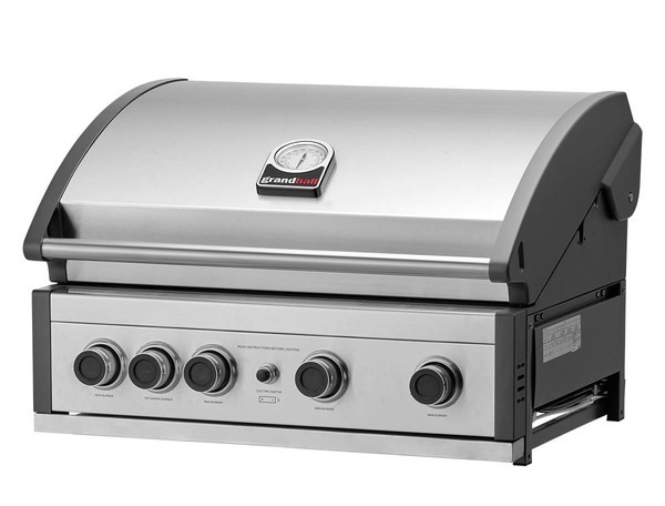 Vestavný plynový gril GrandHall Pro ELITE G4 – celkový pohled na nerezový vestavný gril se zavřeným víkem a teploměrem