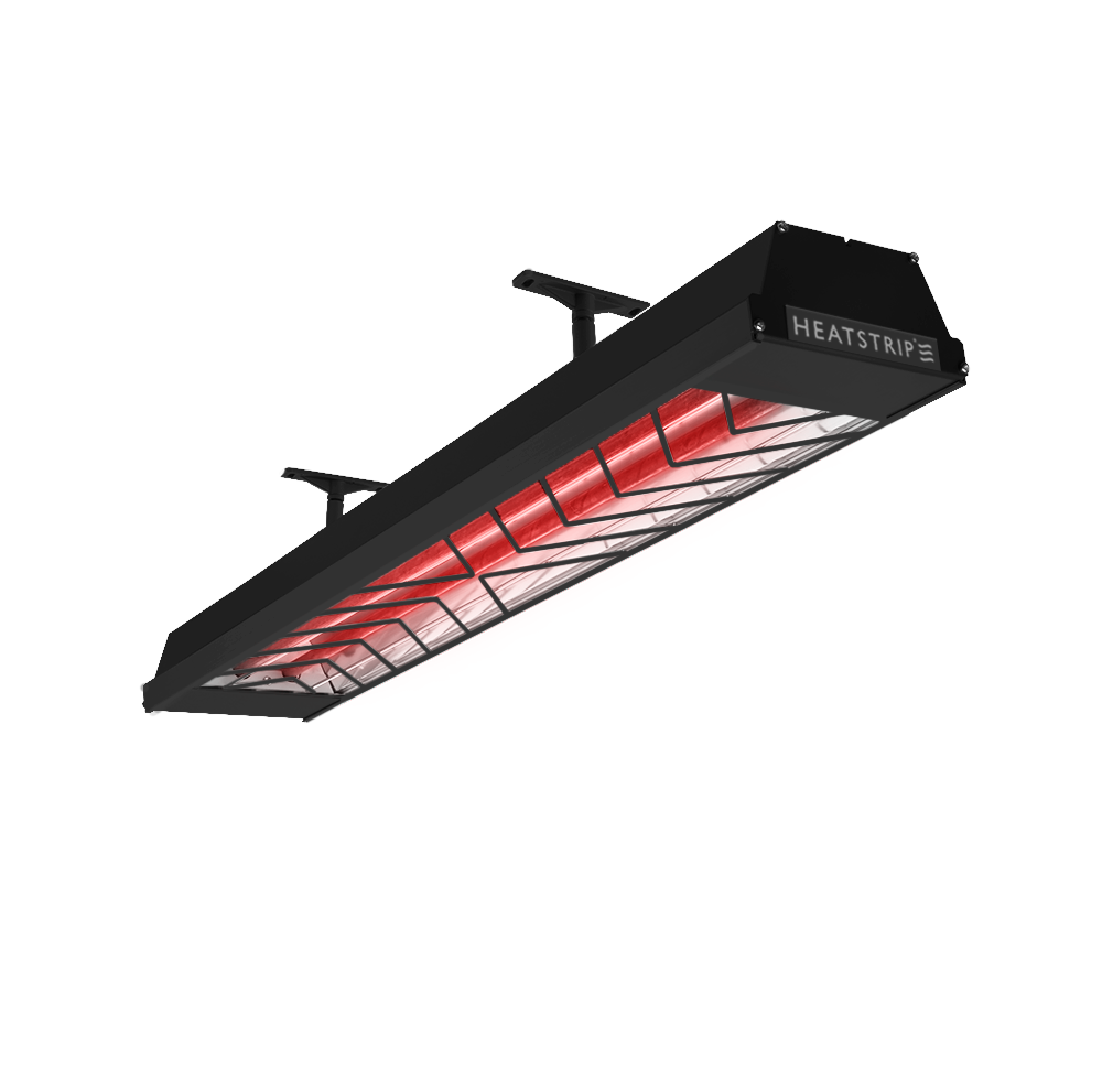 Elektrický tepelný infrazářič HEATSTRIP Max 2400 W v černém provedení – pohled zboku na celou délku zářiče s montážní konzolí