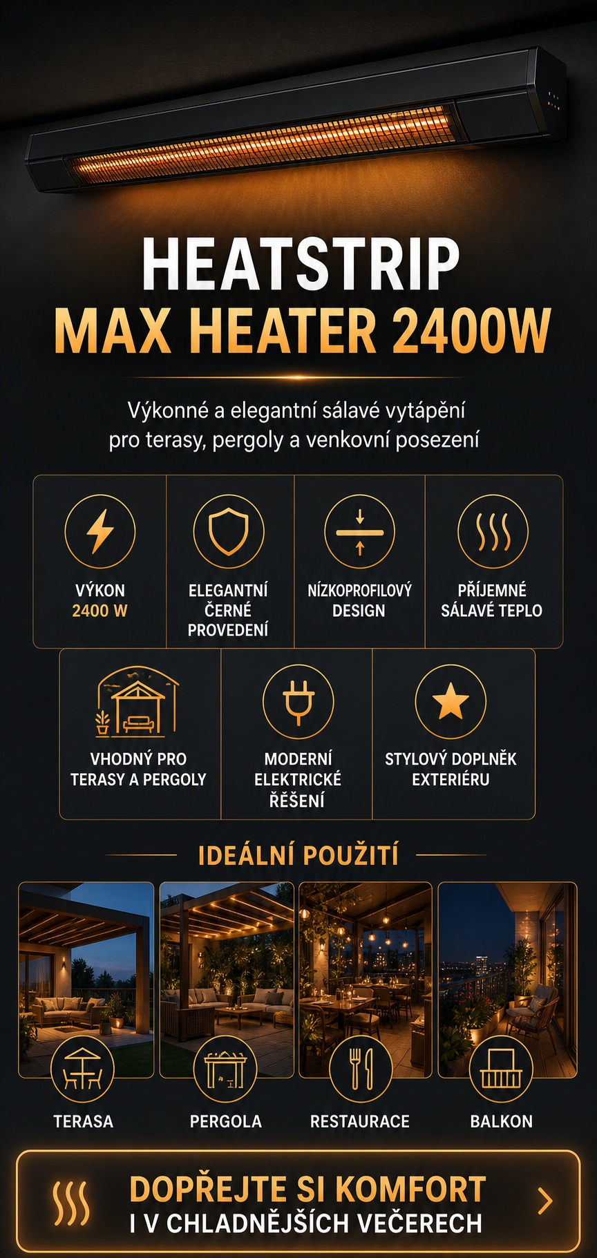 heatstrip max 2400W infrazářič infografika