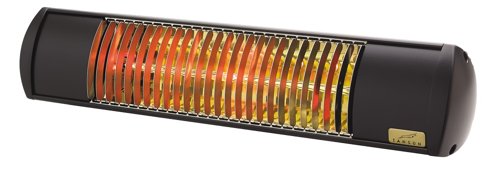 Infrazářič Tansun Bahama Single 1,5 kW – čelní pohled na elegantní kompaktní ultra low glare quartzový infračervený zářič se zlatým reflektorem, parabolickým leštěným tělem a centrálním otočným montážním držákem pro nástěnnou a stropní instalaci