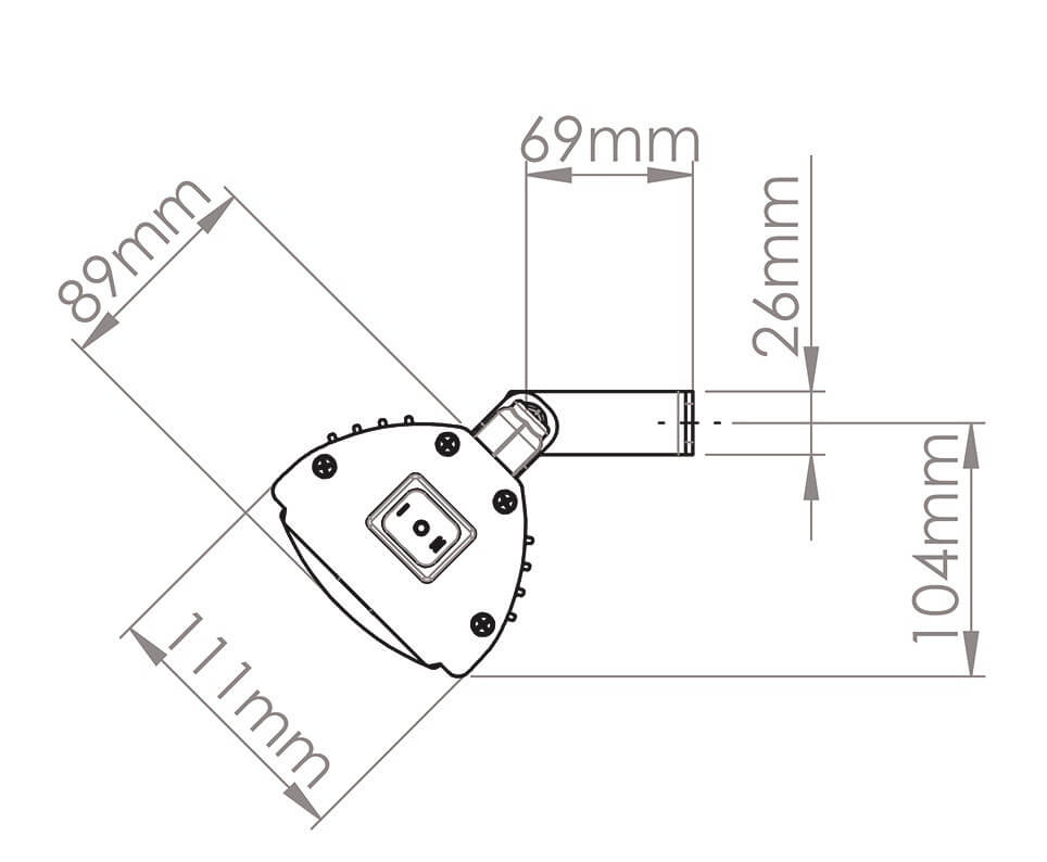 Technický nákres infrazářiče Tansun Bahama Ultra RC – rozměry 670 x 110 x 90 mm, pohled zepředu, zboku a zezadu s detailem montážních bodů
