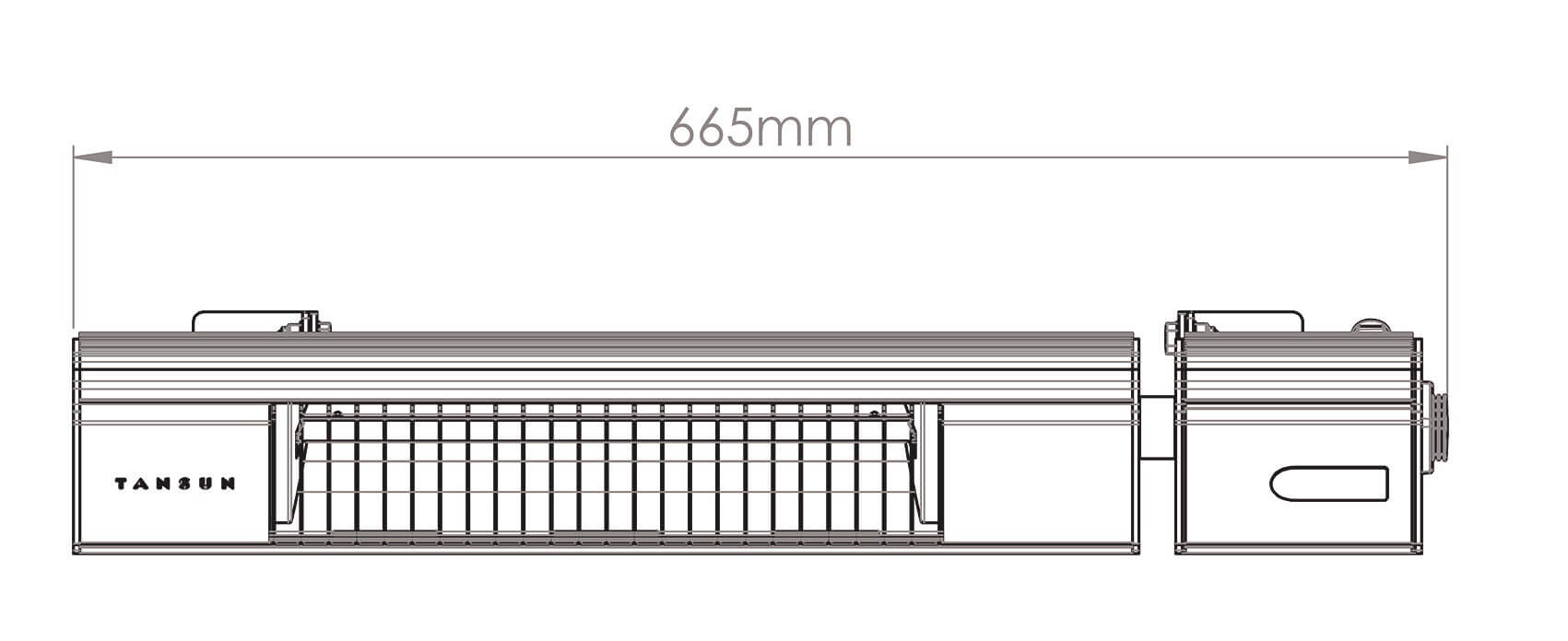 Technický nákres infrazářiče Tansun Bahama Ultra RC – rozměry 670 x 110 x 90 mm, pohled zepředu, zboku a zezadu s detailem montážních bodů
