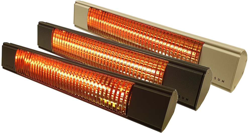 Infrazářič Tansun Bahama Elite 2,0 kW – čelní pohled na prémiový karbonový ultra low light terasový zářič se zlatým reflektorem, karbonovou lampou Toshiba 2000 W a nastavitelným otočným montážním držákem pro nástěnnou a stropní instalaci