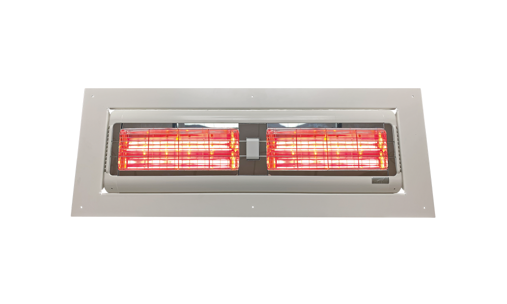  Infrazářič Tansun Sorrento Inbouw Double – detailní pohled na zápustný dvoutrubicový Low Glare quartzový infrazářič určený pro vestavbu do podhledu pergoly, přístřešku nebo stropní konstrukce, dostupný ve variantách 3,0 kW a 4,0 kW v bílé a černé barvě s elegantním bezrámovým designem pro skryté vytápění prémiových restauračních teras a hotelových přístřešků