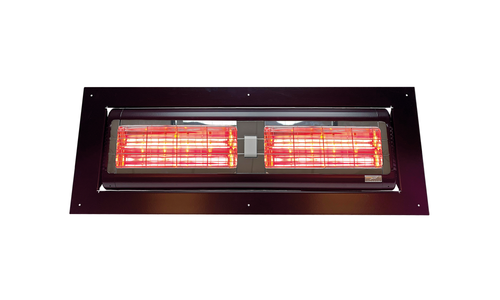  Infrazářič Tansun Sorrento Inbouw Double – detailní pohled na zápustný dvoutrubicový Low Glare quartzový infrazářič určený pro vestavbu do podhledu pergoly, přístřešku nebo stropní konstrukce, dostupný ve variantách 3,0 kW a 4,0 kW v bílé a černé barvě s elegantním bezrámovým designem pro skryté vytápění prémiových restauračních teras a hotelových přístřešků