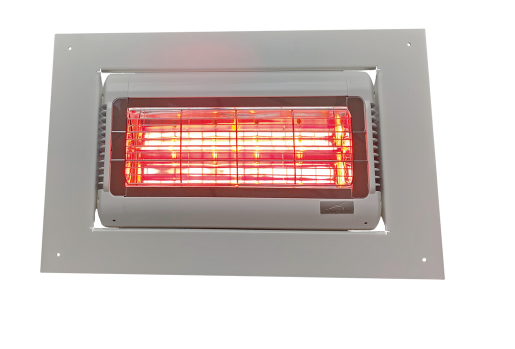Infrazářič Tansun Sorrento Inbouw Single – detailní pohled na zápustný jednotrubicový Low Glare quartzový infrazářič určený pro vestavbu do podhledu pergoly, přístřešku nebo stropní konstrukce, dostupný ve variantách 1,5 kW a 2,0 kW v bílé a černé barvě s elegantním bezrámovým designem pro skryté vytápění prémiových komerčních prostor