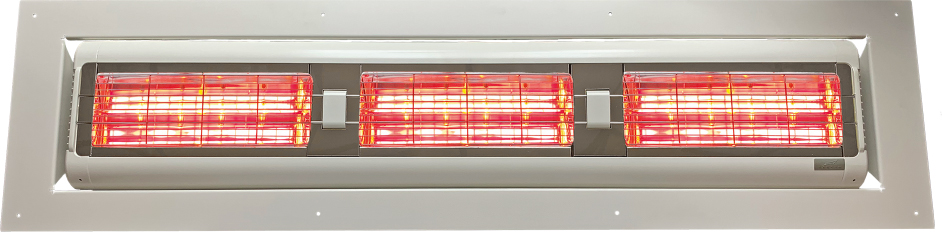  Infrazářič Tansun Sorrento Inbouw Triple – detailní pohled na nejvýkonnější zápustný třítrubicový Low Glare quartzový infrazářič určený pro vestavbu do podhledu pergoly, přístřešku nebo stropní konstrukce, dostupný ve variantách 4,5 kW a 6,0 kW v bílé a černé barvě s elegantním bezrámovým designem pro skryté vytápění velkých restauračních teras, luxusních hotelových přístřešků a atrií nákupních center