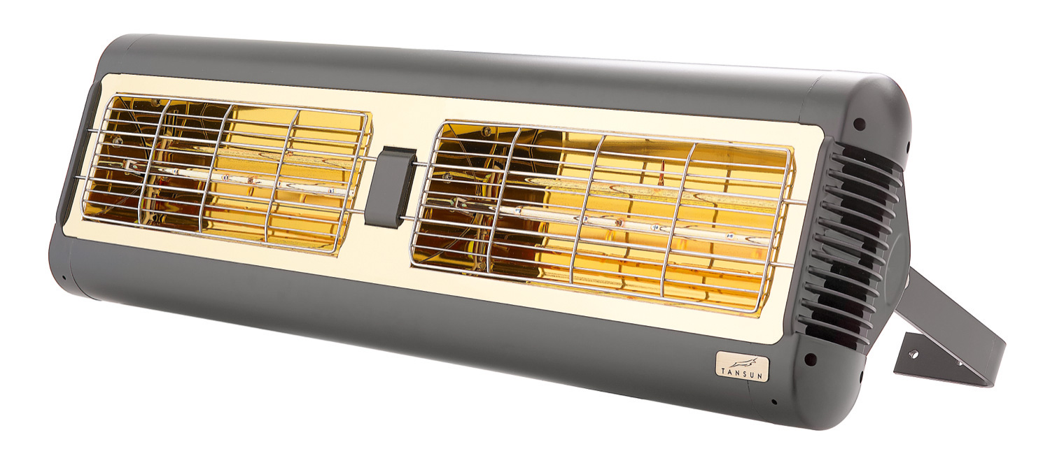 Infrazářič Tansun Monaco Double 3,0 kW – čelní pohled na prémiový dvoulampový ultra Low Glare quartzový infrazářič se dvěma trubicemi 2 x 1500 W, zlatým reflektorem po celé délce 790 mm a nastavitelným otočným montážním držákem pro komerční použití na středně velkých terasách restaurací a hotelů