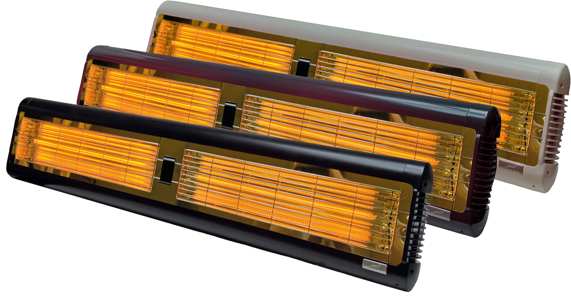 Infrazářič Tansun Monaco XL Carbon 4,0 kW – čelní pohled na nejvýkonnější karbonový infračervený zářič na světě se dvěma karbónovými lampami Toshiba 2 x 2000 W, zlatým reflektorem a nastavitelným montážním držákem pro nástěnnou a stropní instalaci