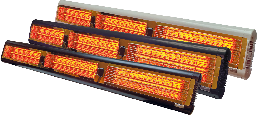 Infrazářič Tansun Monaco XL IPT Carbon 6,0 kW v černém provedení – čelní pohled na nejvýkonnější karbonový infračervený zářič na světě se třemi karbónovými lampami Toshiba 3 x 2000 W, zlatým reflektorem po celé délce 1700 mm a nastavitelným montážním držákem pro nástěnnou a stropní instalaci