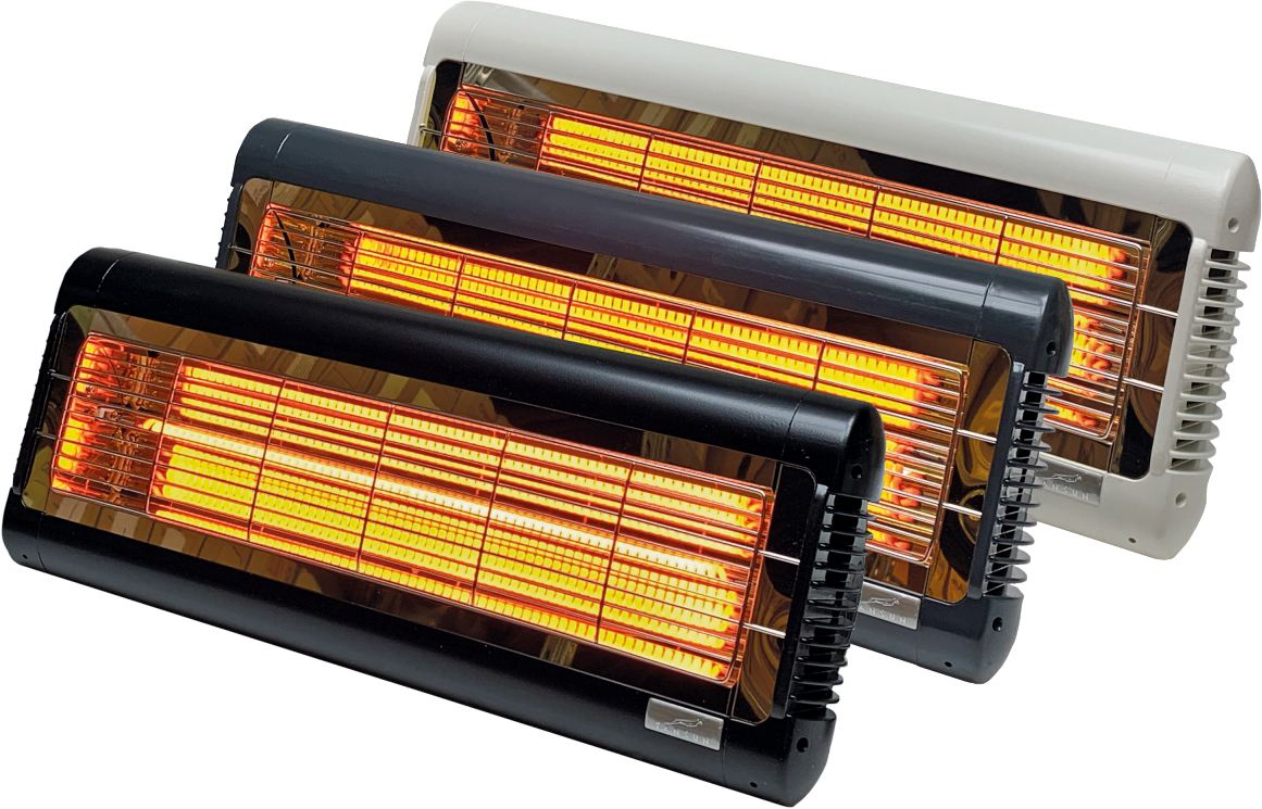 Infrazářič Tansun Monaco XL Carbon 2,0 kW – čelní pohled na prémiový karbonový infračervený zářič s prodlouženým tělem, zlatým reflektorem a nastavitelným montážním držákem pro nástěnnou a stropní instalaci