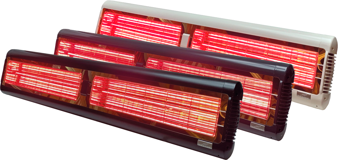 Infrazářič Tansun Monaco XL Double 4,8 kW – čelní pohled na výkonný dvoulampový ultra Low Glare quartzový infrazářič se dvěma trubicemi 2 x 2400 W, diamantově fasetovaným zlatým reflektorem a prodlouženým pouzdrem 1140 mm pro komerční použití na velkých terasách restaurací, hotelů a rooftop barů