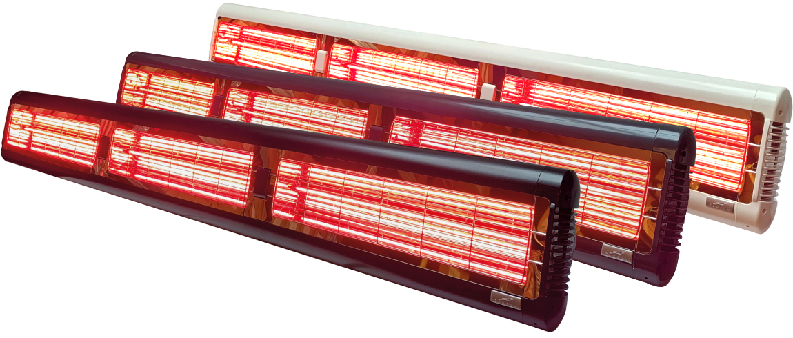 Infrazářič Tansun Monaco XL Triple 7,2 kW – čelní pohled na vlajkový nejvýkonnější třílampový ultra Low Glare quartzový infrazářič řady Monaco se třemi trubicemi 3 x 2400 W, unikátním diamantově fasetovaným zlatým reflektorem a prodlouženým pouzdrem 1700 mm pro nejnáročnější komerční použití na největších terasách, rooftop barech a event prostorech