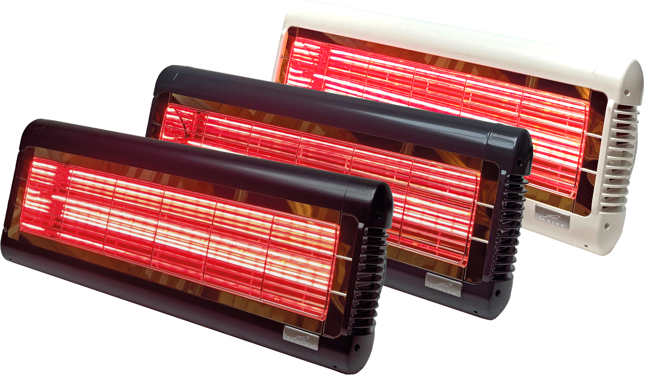 Infrazářič Tansun Monaco XL Single 2,4 kW – čelní pohled na prémiový jednolampový ultra Low Glare quartzový infrazářič s výkonnou 2400W trubicí, diamantově fasetovaným zlatým reflektorem a prodlouženým pouzdrem 578 mm pro komerční použití na velkých terasách restaurací, hotelů a rooftop barů