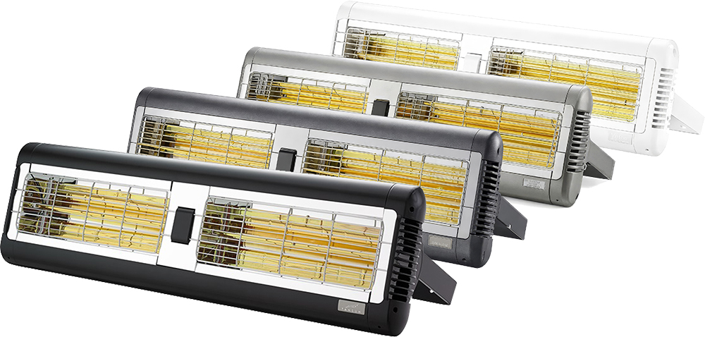  Infrazářič Tansun Sorrento Double 4,0 kW v černém provedení – čelní pohled na nejvýkonnější dvojitý quartzový infračervený zářič s dvěma topnými lampami 2 x 2000 W a nastavitelným montážním držákem pro nástěnnou a stropní instalaci