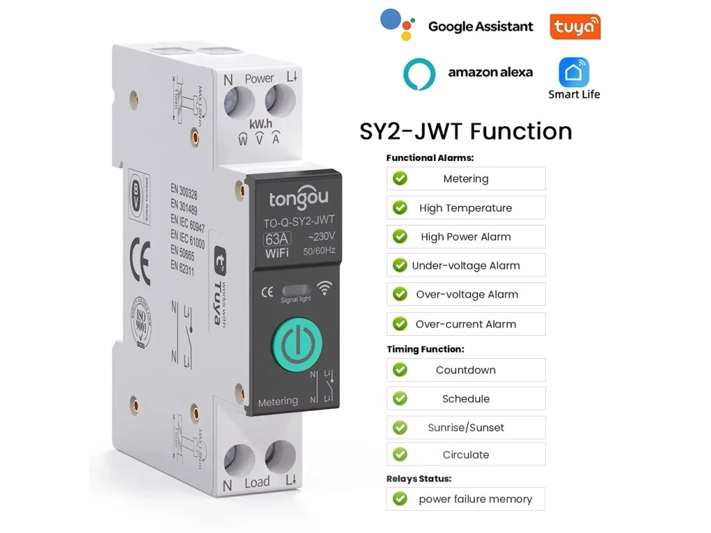 WiFi stykač Tuya Designo pro DIN lištu Chytrý WiFi stykač SYS2 na DIN lištu až 63A Smart Life Tuya